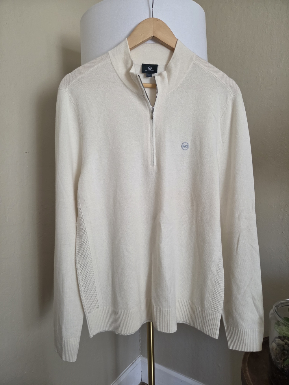 AG Green Label Cream Cashmere Wool Quarter Zip Sweater Mesh Side Panels Large